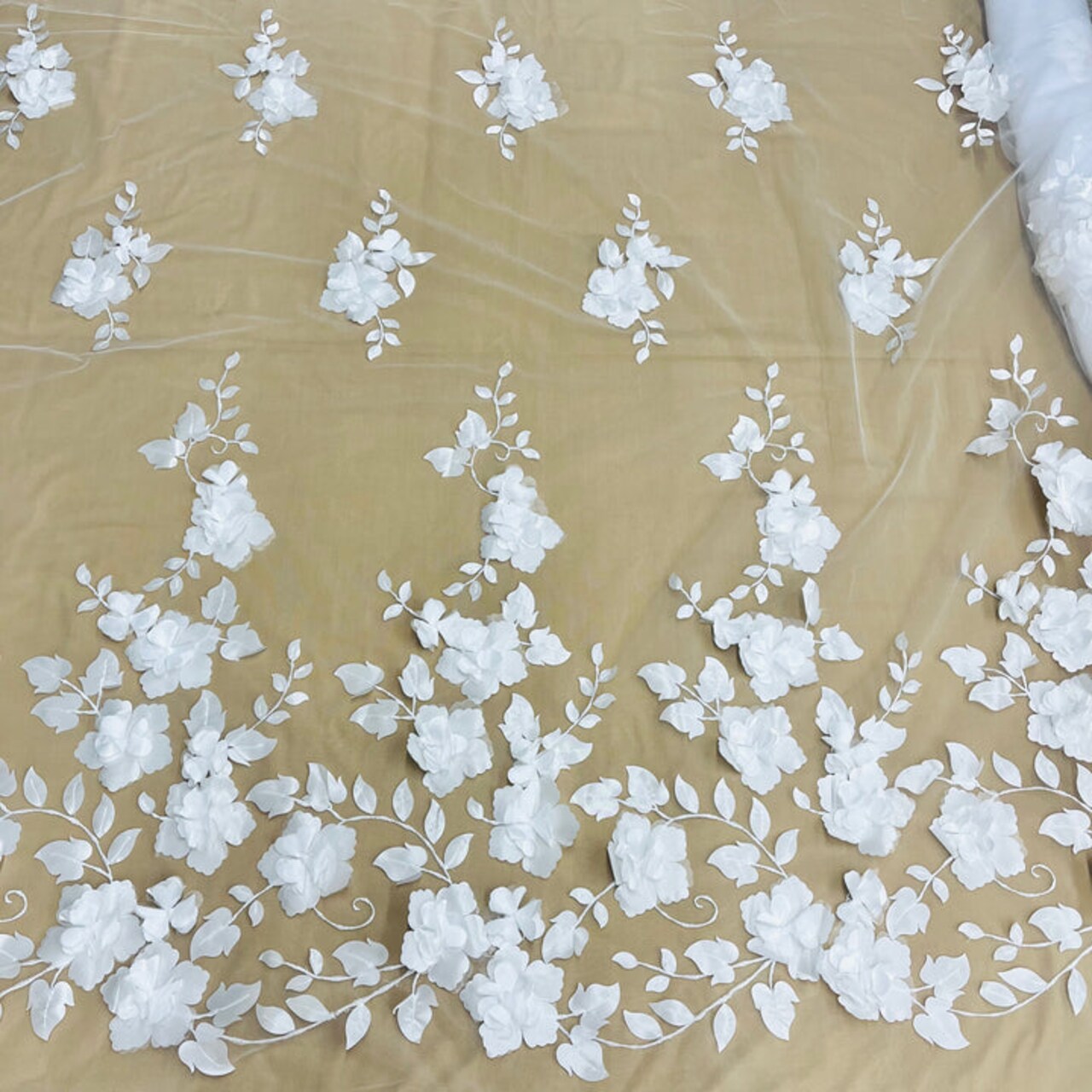 1 Yard 3D Floral Lace Fabric Embroidered on 100 Percent Polyester Soft Tulle Net Mesh White 60 inch Width